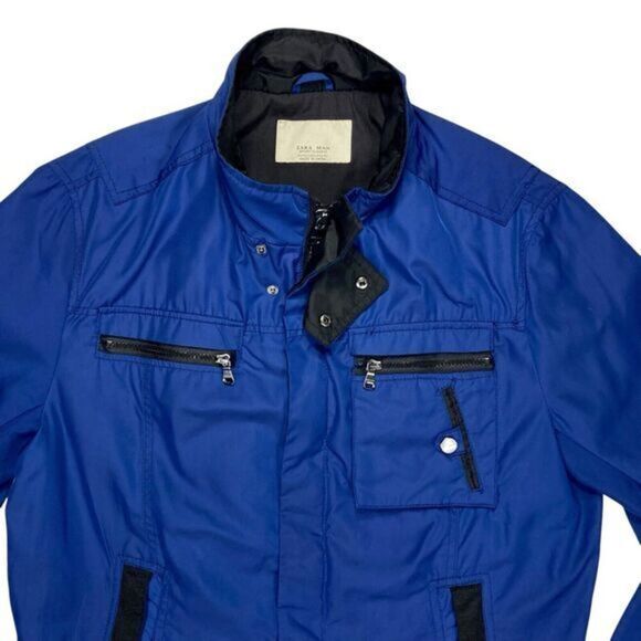 Zara Man Utility Jacket Men XL Blue Black Zip Button Sport Classic Bomber Jacket - Picture 2 of 16